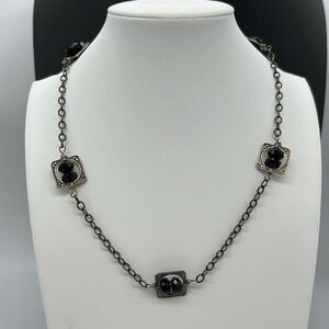 Vintage sterling silver black glass bead necklace 18”